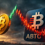 A dramatic scene showing a rising Bitcoin coin against falling ABTC token charts, illustrating Bitcoin’s 7% rebound as ABTC crashes 50% and the breakdown of the crypto proxy trade.