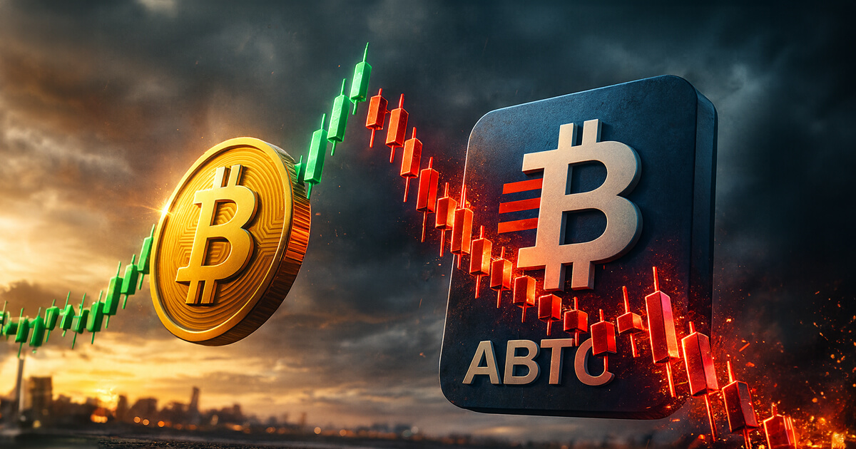 A dramatic scene showing a rising Bitcoin coin against falling ABTC token charts, illustrating Bitcoin’s 7% rebound as ABTC crashes 50% and the breakdown of the crypto proxy trade.