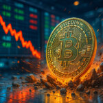 Exploding Bitcoin coin in front of a plunging red price chart, symbolizing extreme crypto market stress since the 2022 bear market and uncertainty about Bitcoin’s price outlook into 2026.