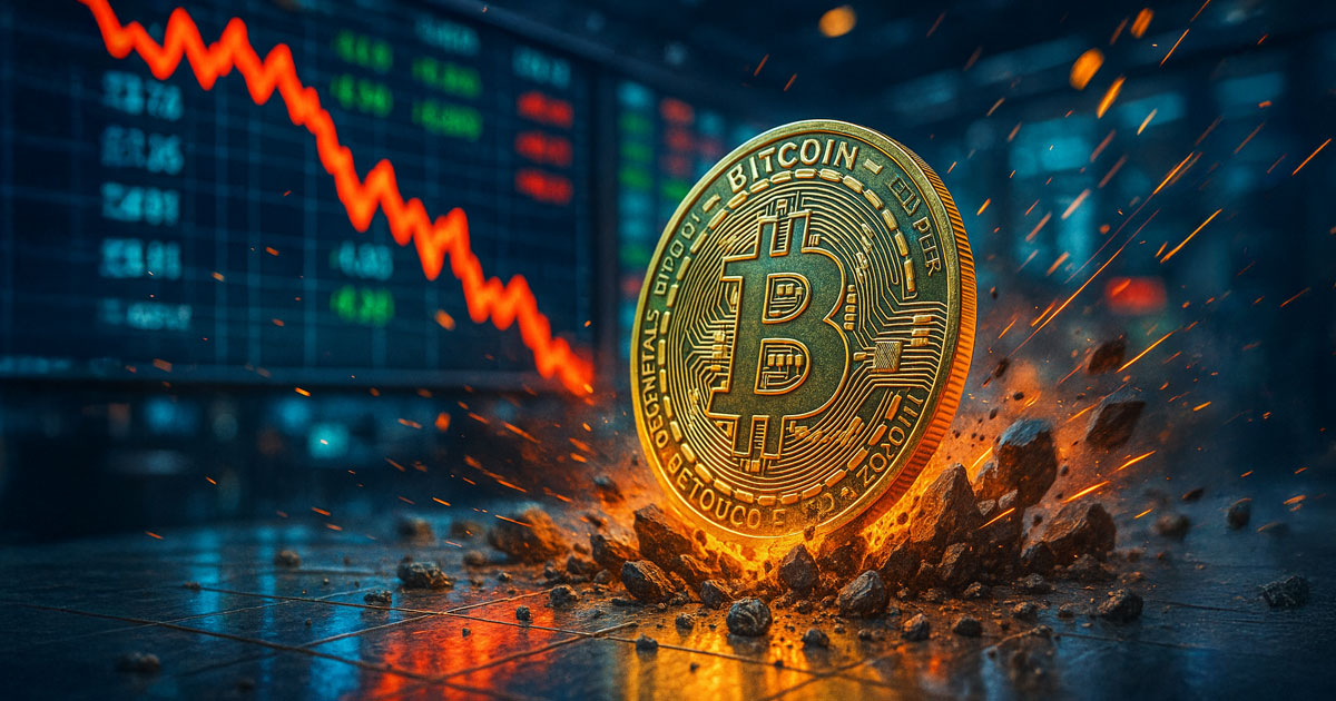 Exploding Bitcoin coin in front of a plunging red price chart, symbolizing extreme crypto market stress since the 2022 bear market and uncertainty about Bitcoin’s price outlook into 2026.