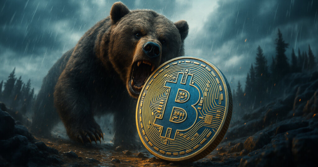 A roaring bear lunges through a stormy forest toward a large Bitcoin coin, symbolizing rising bearish pressure and weakening on-chain liquidity signals hinting at a potential Bitcoin bear cycle.