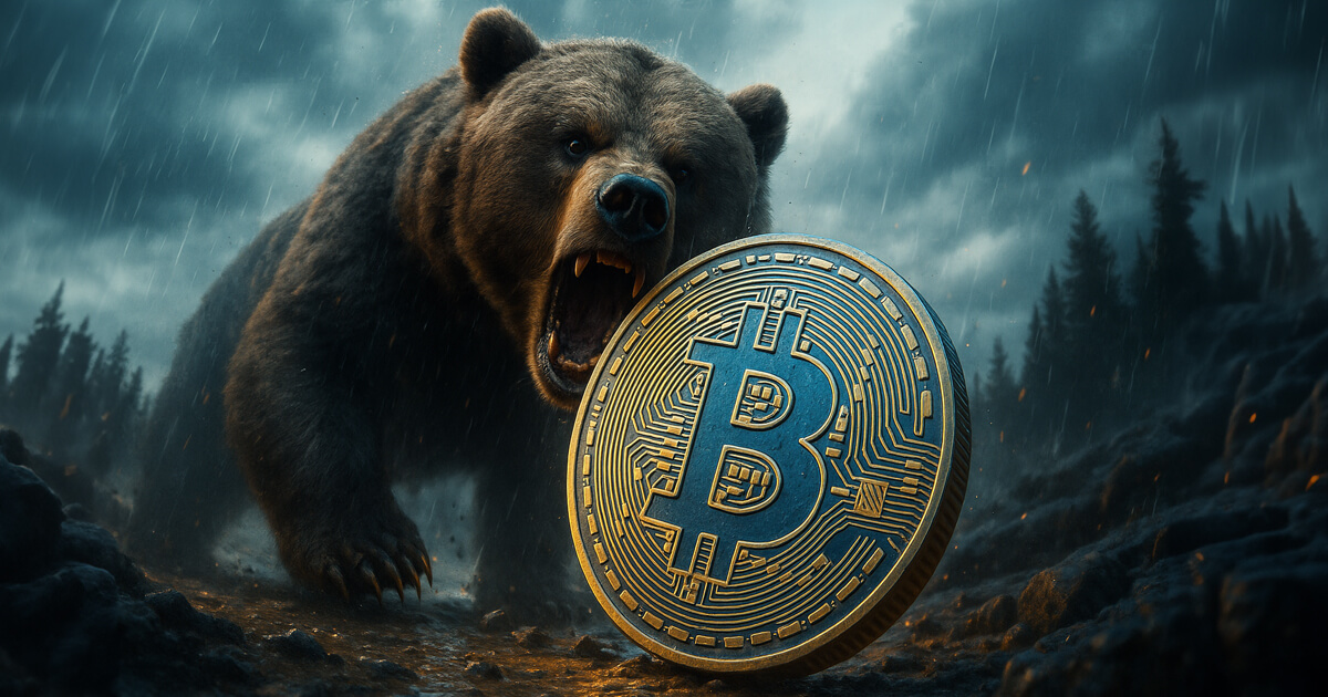 A roaring bear lunges through a stormy forest toward a large Bitcoin coin, symbolizing rising bearish pressure and weakening on-chain liquidity signals hinting at a potential Bitcoin bear cycle.
