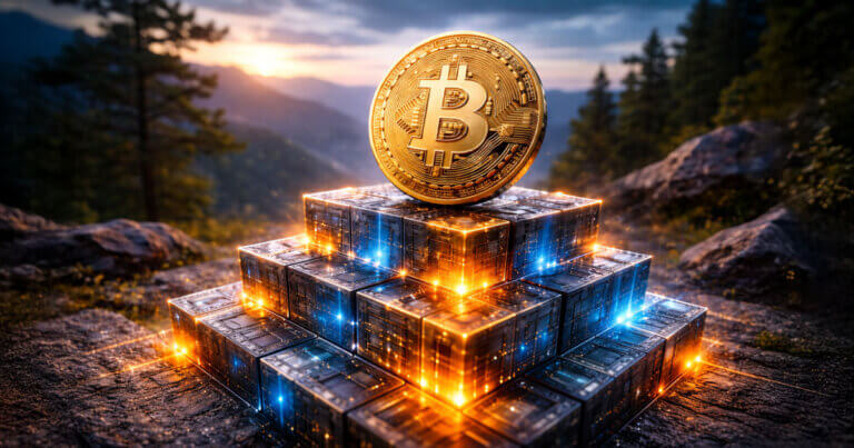 A glowing Bitcoin coin sits atop a pyramid of illuminated digital blocks in a mountain landscape, symbolizing a future where block height—not midnight—defines the New Year.