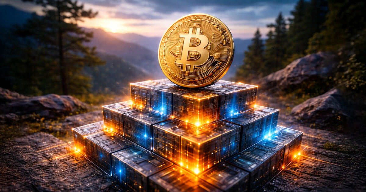 A glowing Bitcoin coin sits atop a pyramid of illuminated digital blocks in a mountain landscape, symbolizing a future where block height—not midnight—defines the New Year.