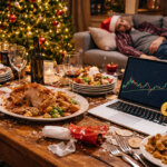 Messy post-Christmas table with half-eaten dinner, empty glasses, and a laptop showing Bitcoin’s surge, while someone sleeps on the sofa after 2024’s price peak.