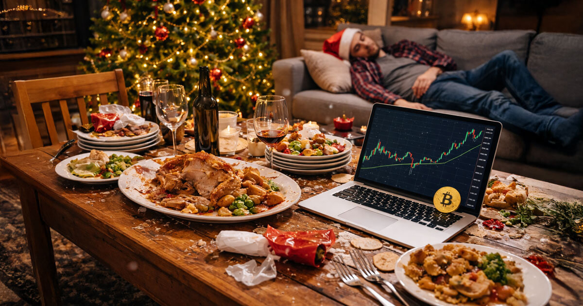 Messy post-Christmas table with half-eaten dinner, empty glasses, and a laptop showing Bitcoin’s surge, while someone sleeps on the sofa after 2024’s price peak.