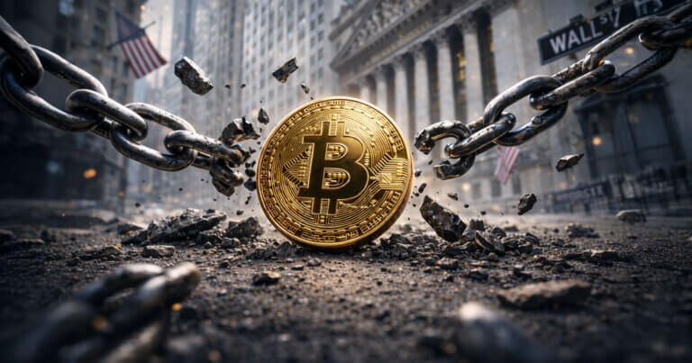 A Bitcoin coin bursts through a breaking chain on Wall Street, symbolizing crypto decoupling from macro liquidity after the sharp market shift on October 10.
