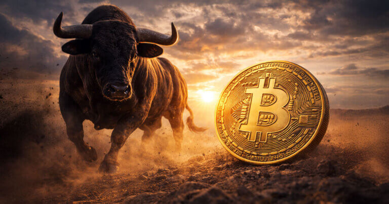 Charging bull kicking up dust beside a glowing Bitcoin coin at sunset, symbolizing rare capitulation before a powerful price rally toward 180k.