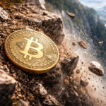 A large Bitcoin coin sits on a crumbling cliff as rocks fall into a valley below, symbolizing Bitcoin’s slide toward $86,800 amid shifting oil and gold markets.