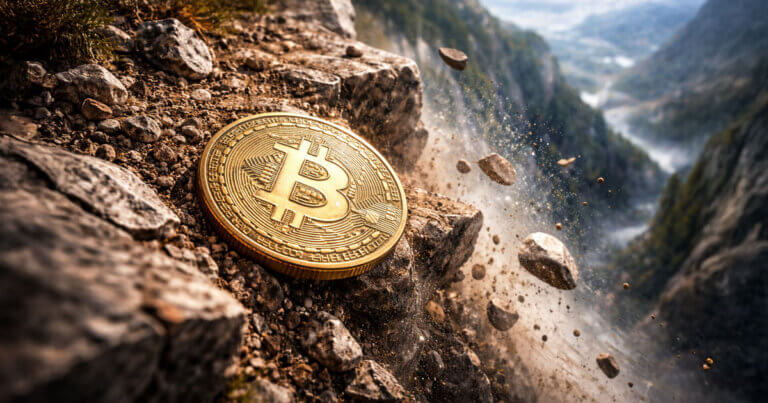 A large Bitcoin coin sits on a crumbling cliff as rocks fall into a valley below, symbolizing Bitcoin’s slide toward $86,800 amid shifting oil and gold markets.