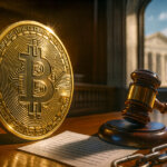 A large gold Bitcoin coin stands on a courtroom desk beside a judge’s gavel, legal documents, and a broken chain, with a courthouse visible through the window in the background, symbolizing Bitcoin’s evolving role in ownership and legal records.