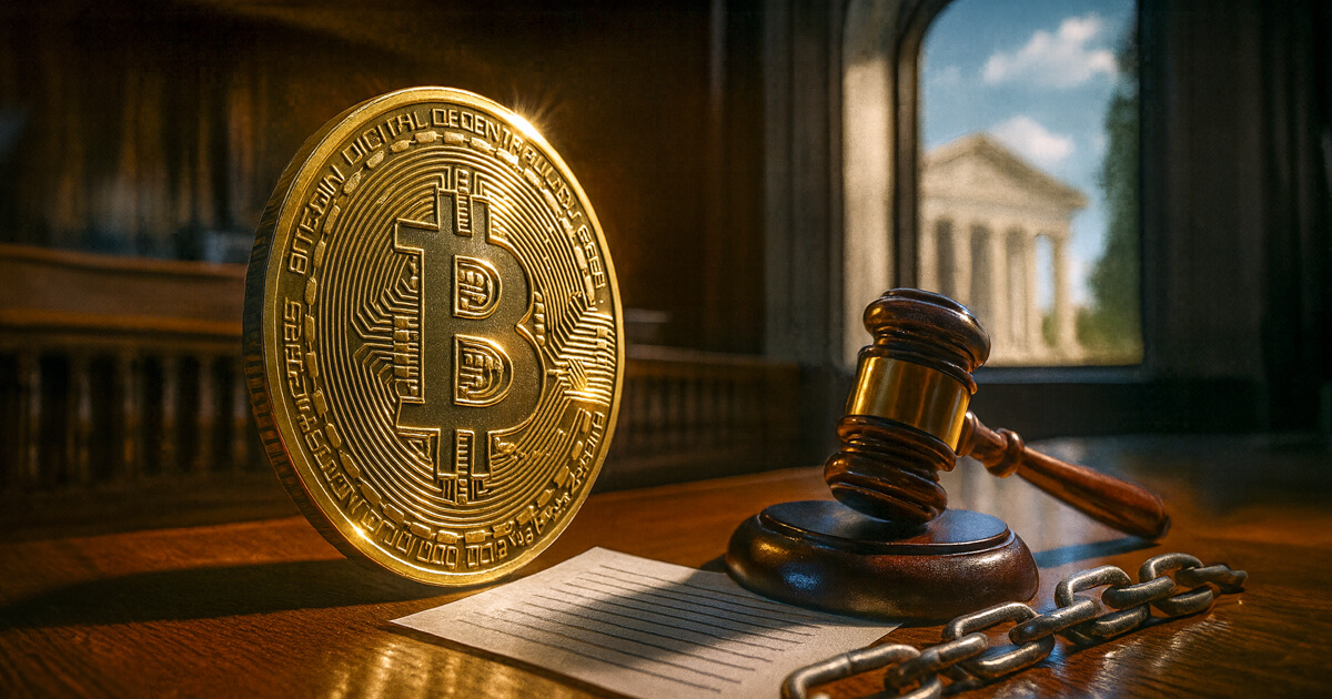 A large gold Bitcoin coin stands on a courtroom desk beside a judge’s gavel, legal documents, and a broken chain, with a courthouse visible through the window in the background, symbolizing Bitcoin’s evolving role in ownership and legal records.