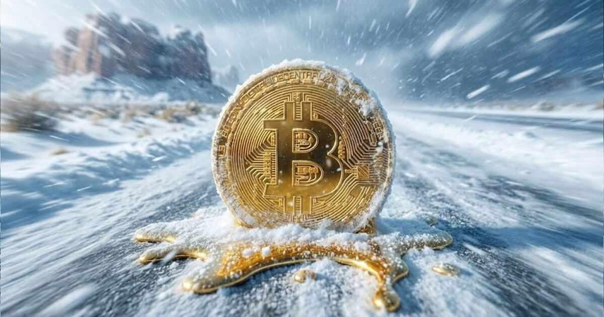 Bitcoin coin half-frozen and melting in a blizzard on an empty road, symbolizing Bitcoin’s sharp price slide and nearly $600M in liquidations in 24 hours as the crypto market suddenly sells off.