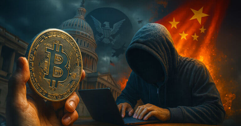A hooded man furiously types on a laptop as a hand holds a Bitcoin coin with the US Capitol behind him, illustrating the provocative claim of adding Bitcoin to America’s arsenal of weapons.