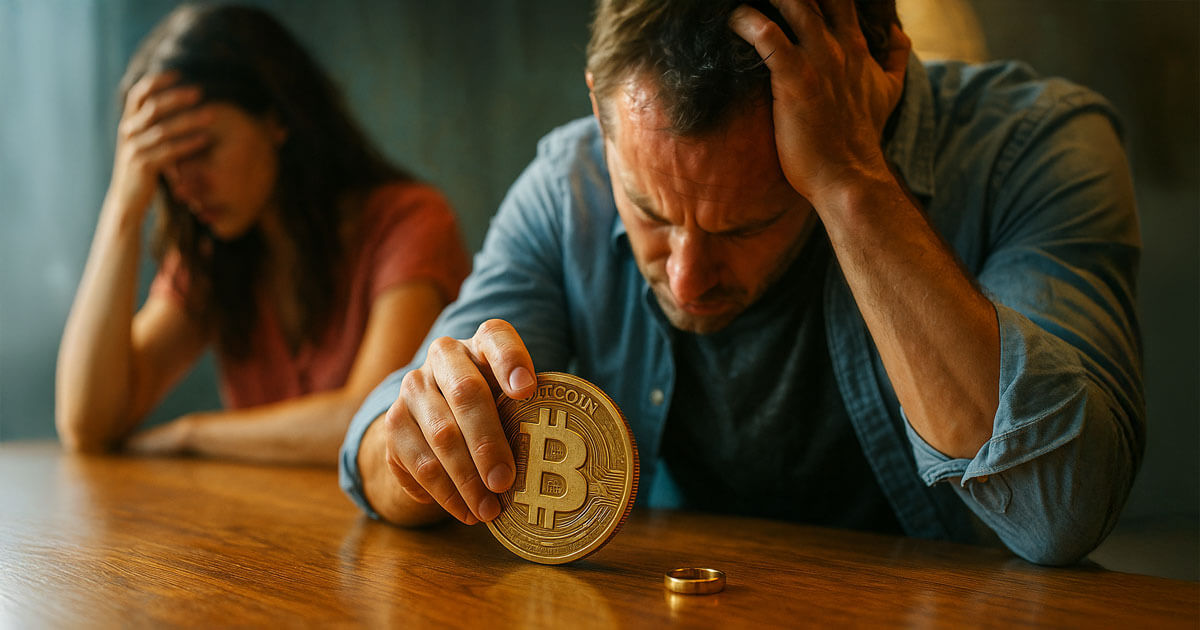 A distressed husband sits at a table holding a large Bitcoin coin beside a wedding ring while his upset wife sits in the background, illustrating how Bitcoin’s self-custody and unseizable private keys are turning it into the ultimate “divorce loophole” that courts struggle to reach in asset splits.
