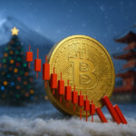 Bitcoin price crash illustration showing a golden BTC coin with falling red candlestick charts in a snowy Japanese setting, symbolizing $150B market wipeout after Japan bond yield shock.