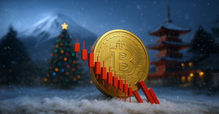 Bitcoin price crash illustration showing a golden BTC coin with falling red candlestick charts in a snowy Japanese setting, symbolizing $150B market wipeout after Japan bond yield shock.