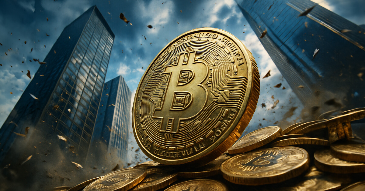 A giant golden Bitcoin coin stands towering among skyscrapers as smaller coins scatter below, symbolizing how Bitcoin ETFs enabled large institutions to dominate the top cryptocurrency asset.