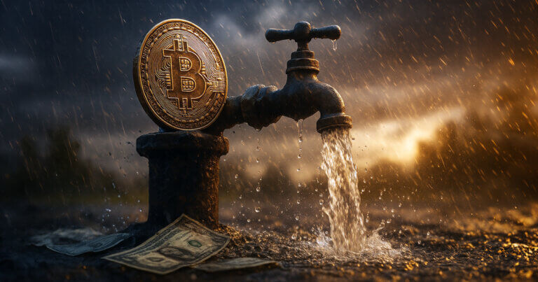 Bitcoin liquidity metaphor showing a large BTC coin attached to a dripping water faucet with cash on the ground during a storm, symbolizing $4.35B outflows, slowing withdrawals, and potential exhaustion of Bitcoin ETF sellers.