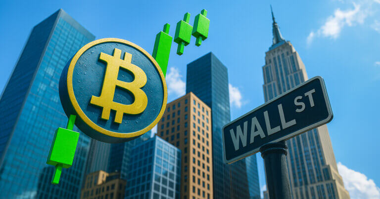 A large Bitcoin symbol and green candlestick chart rise above New York’s financial district near the Wall Street sign, illustrating how US-listed Bitcoin ETFs strengthened institutional dominance in the crypto market.