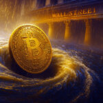 A golden Bitcoin coin sinks into a swirling vortex near Wall Street, symbolizing ETFs and corporate treasuries absorbing 2.57 million BTC as exchange wallets drop below 2.1 million.A golden Bitcoin coin sinks into a swirling vortex near Wall Street, symbolizing ETFs and corporate treasuries absorbing 2.57 million BTC as exchange wallets drop below 2.1 million.