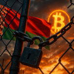 A locked chain-link fence with a padlock and the Belarus flag blocking a glowing Bitcoin symbol at sunset, illustrating how Bitcoin liquidity is drying up in certain regions under a restrictive “pay-to-exit” model.