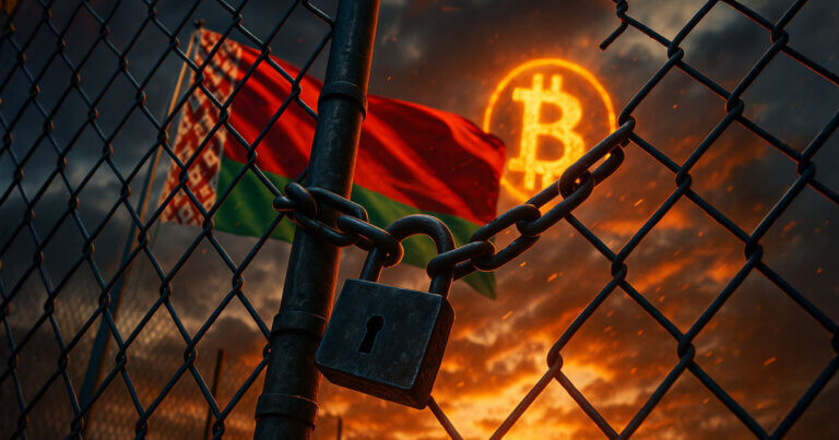 A locked chain-link fence with a padlock and the Belarus flag blocking a glowing Bitcoin symbol at sunset, illustrating how Bitcoin liquidity is drying up in certain regions under a restrictive “pay-to-exit” model.