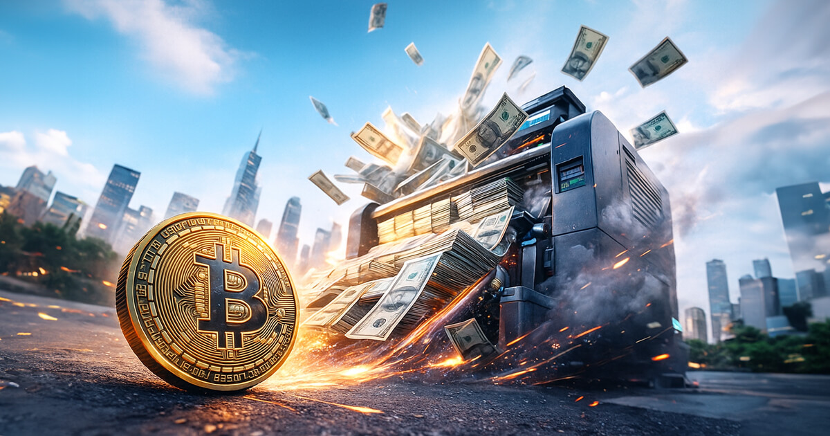A large golden Bitcoin coin glows on a city street as a malfunctioning money-printing machine explodes with $100 bills, illustrating Bitcoin’s 11% surge after the Federal Reserve quietly restarted a $38 billion liquidity mechanism.