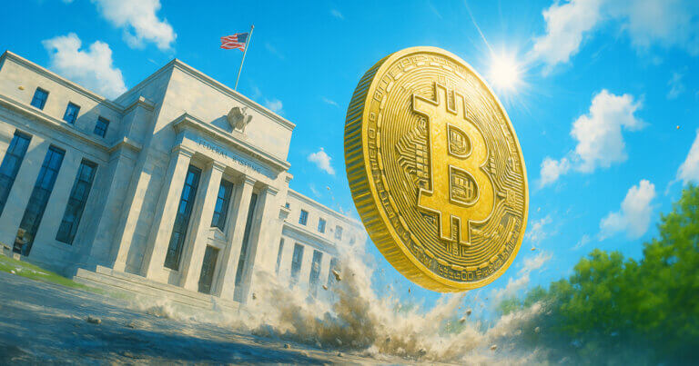 A giant golden Bitcoin coin bursts upward in front of the Federal Reserve building under a bright blue sky, symbolizing crypto markets reacting to the Fed’s $13.5B repo liquidity jump.