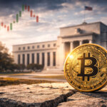 A Bitcoin coin sits in front of the Federal Reserve building at sunrise as candlestick charts fade in the sky, reflecting the jump to $90k despite fragile market conditions.