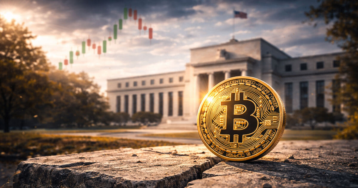 A Bitcoin coin sits in front of the Federal Reserve building at sunrise as candlestick charts fade in the sky, reflecting the jump to $90k despite fragile market conditions.