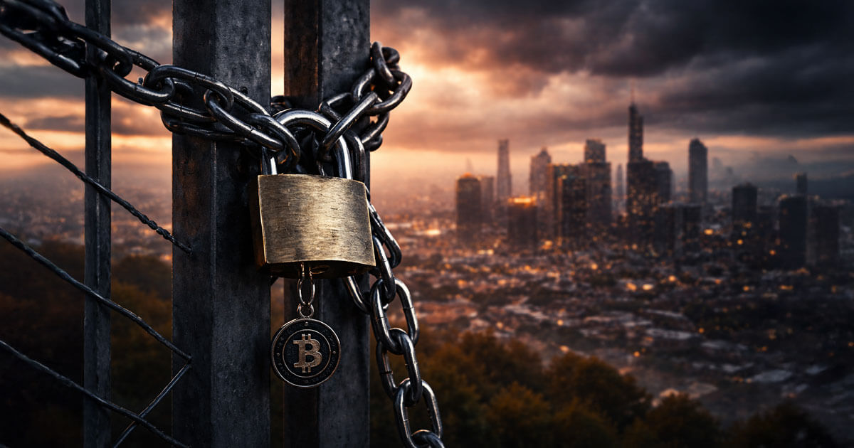 A Bitcoin medallion hanging from a chained padlock on metal gates overlooking a dark city skyline, symbolizing how 100 new crypto ETFs in 2026 could face a single point of failure that risks freezing global assets.