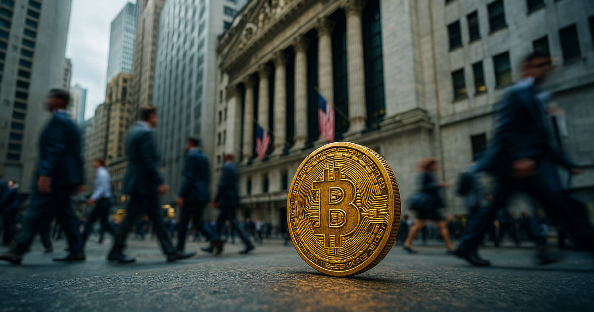 A Bitcoin coin sits on a busy Wall Street street with blurred commuters and the stock exchange backdrop, highlighting how US macro week could drive Bitcoin performance this week.