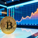 A gold Bitcoin coin sits in front of glowing market charts showing a rising trend, illustrating models that point to a 70% chance of a major Bitcoin upset in 2026.