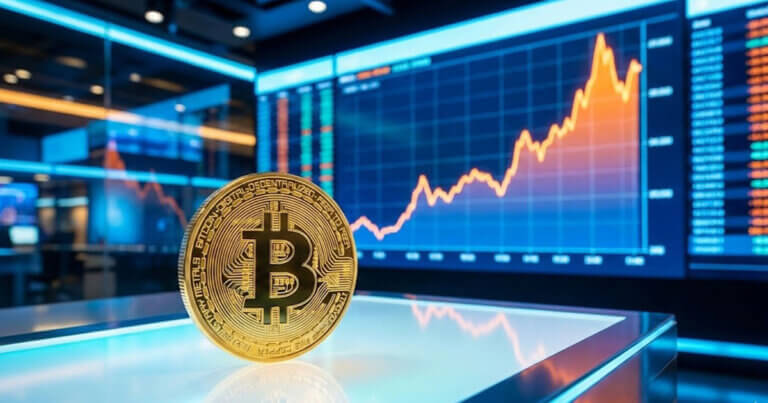 A gold Bitcoin coin sits in front of glowing market charts showing a rising trend, illustrating models that point to a 70% chance of a major Bitcoin upset in 2026.