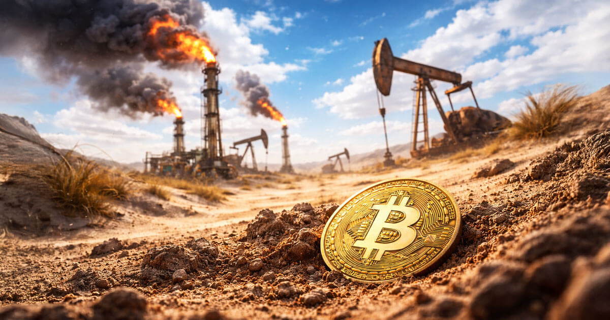 A Bitcoin coin lying in dry, cracked desert soil as oil rigs and burning flare stacks loom in the background, illustrating risks from collapsing oil prices and tightening liquidity.