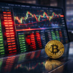 A Bitcoin coin rests on a digital trading screen showing green bids and red sell pressure, illustrating market depth and shifting order book dynamics.