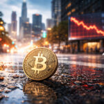 A Bitcoin coin on a wet city street sits beneath a screen showing a sharp price drop, underscoring how real-world data reveals the asset never truly reached $100,000 in 2025.