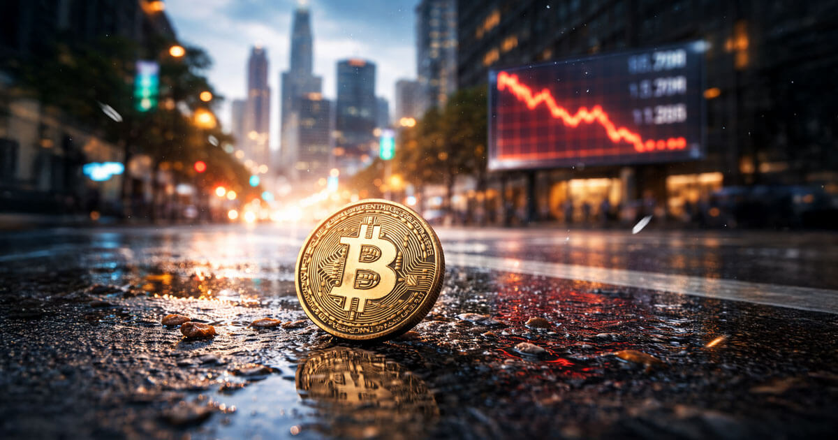 A Bitcoin coin on a wet city street sits beneath a screen showing a sharp price drop, underscoring how real-world data reveals the asset never truly reached $100,000 in 2025.