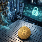 A Bitcoin coin sits beside a quantum computing rig and a cybersecurity display, illustrating why fears about Bitcoin’s nonexistent encryption being broken by quantum tech are misplaced.