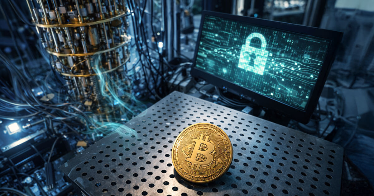 A Bitcoin coin sits beside a quantum computing rig and a cybersecurity display, illustrating why fears about Bitcoin’s nonexistent encryption being broken by quantum tech are misplaced.