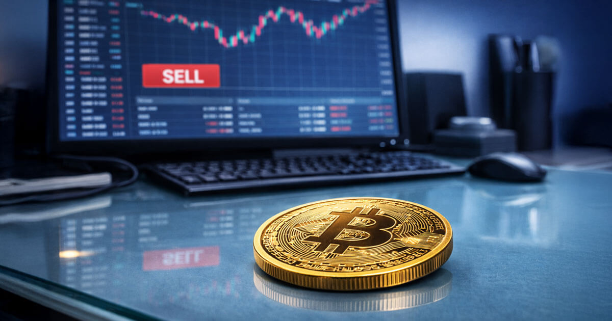 A Bitcoin coin rests on a desk in front of a trading screen showing a sell signal, illustrating how long-term holders are choosing not to sell despite market pressure.