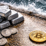 Silver bars and coins sit beside a single Bitcoin on a wet pier as waves crash nearby, highlighting silver’s surge to $72 and its potential impact on Bitcoin’s market outlook.