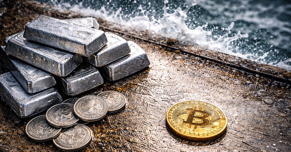 Silver bars and coins sit beside a single Bitcoin on a wet pier as waves crash nearby, highlighting silver’s surge to $72 and its potential impact on Bitcoin’s market outlook.
