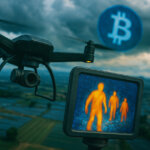 A surveillance drone uses a thermal camera to track human heat signatures over farmland as a glowing Bitcoin symbol hovers in the stormy sky, illustrating Malaysia’s aerial hunt for crypto thieves who stole $1.1B using fake bird sounds.