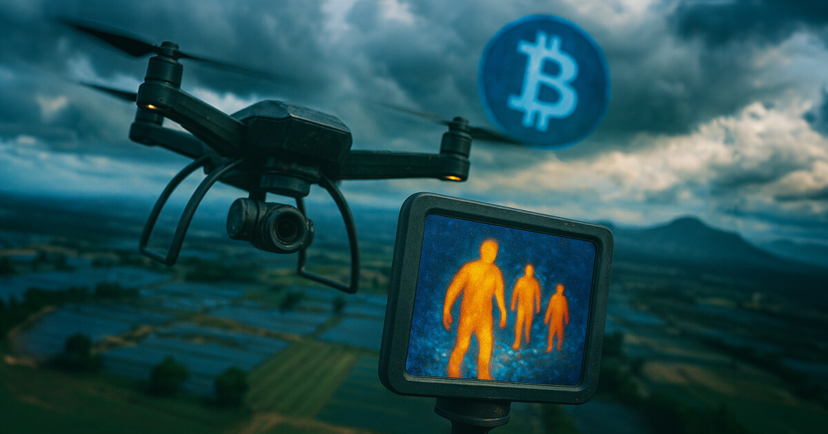 A surveillance drone uses a thermal camera to track human heat signatures over farmland as a glowing Bitcoin symbol hovers in the stormy sky, illustrating Malaysia’s aerial hunt for crypto thieves who stole $1.1B using fake bird sounds.