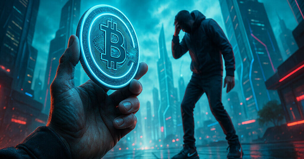 A hand holds a glowing Bitcoin coin as a stressed man stands in a neon city, illustrating time-locked Bitcoin incentives that reward behavior change for your future self.