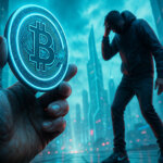 A hand holds a glowing Bitcoin coin as a stressed man stands in a neon city, illustrating time-locked Bitcoin incentives that reward behavior change for your future self.