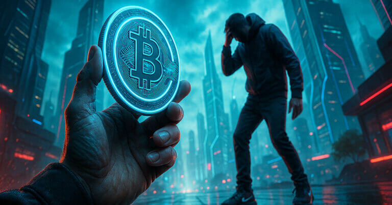 A hand holds a glowing Bitcoin coin as a stressed man stands in a neon city, illustrating time-locked Bitcoin incentives that reward behavior change for your future self.