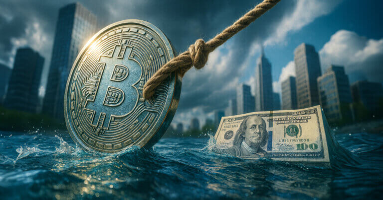 A giant Bitcoin coin tied to a rope drags a floating US $100 bill through rising waters in front of a stormy city skyline, symbolizing what Bitcoin treasury firms need to regain their premiums.